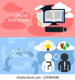 Flat design concept of online education, e- learning, business consulting and professional support