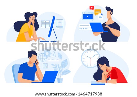 Flat design concept of online education, training and courses, learning, video tutorials. Vector illustration for website banner, marketing material, presentation template, online advertising.