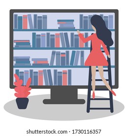 Flat design concept of online library. The girl reads books online. Vector illustration.