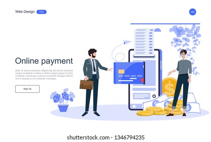  Diseño plano. Concepto pago en línea para página web.Confirmar pago usando un smartphone, pago móvil, banca en línea, terminales de pago.Ilustración vectorial.