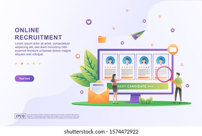 Flat design concept of Online recruitment. businessman and women open recruitment, find and choose candidates who fit the criteria. Can use for banner, landing page, mobile app, post template