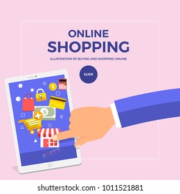 Flat design concept online shopping. Hand click tablet icon shopping store. Vector illustrate.