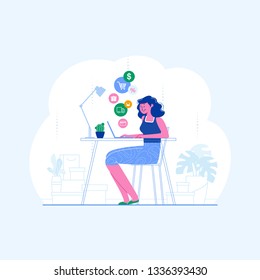 The flat design concept of online shopping. A girl sits at a laptop and makes purchases in the online store. E-shop, shopping concept with characters. Vector illustration in modern style.