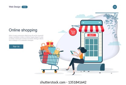 Flat design concept of online shopping ,convenience in online trading for web page, website,template and background.Vector illustration. 