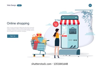 Flat Design Concept Of Online Shopping ,convenience In Online Trading For Web Page, Website,template And Background.Vector Illustration. 