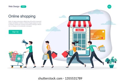 Flat design concept of online shopping ,convenience in online trading for web page, website,template and background.Vector illustration. 