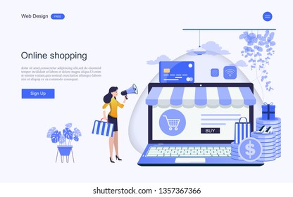 Diseño plano de compras en línea, comodidad en el comercio en línea para página web, sitio web, plantilla y fondo.Ilustración vectorial. 