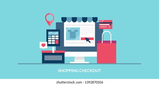 Flat design concept of Online shopping,  E-commerce marketing, Shopping checkout, vector illustration with icons isolated on blue background