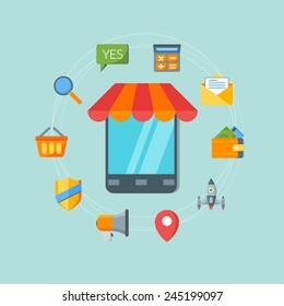 Flat design concept for online shopping and m-commerce. Vector illustration for web banners and promotional materials