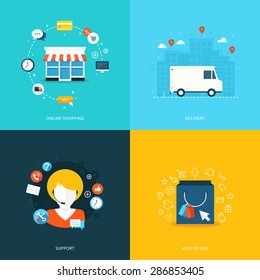 Flat design concept for online shopping, delivery, support and add to bag. Modern style vector illustration .