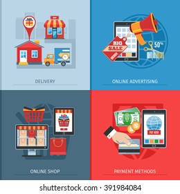 Flat Design Concept For On-line Shopping, Delivery, Payment Methods And Advertising. Vector Illustration