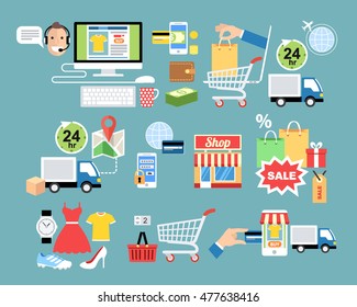 Flat design concept for online shopping, delivery service, e-commerce, mobile marketing.