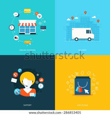 Flat design concept for online shopping, delivery, support and add to bag. Modern style vector illustration .