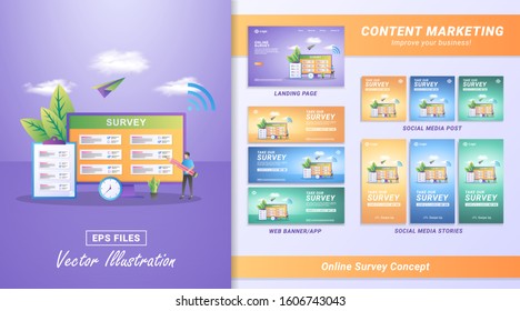 Flat design concept of Online Survey. People answer online survey questions, Survey Research Concept. Can use for web landing page, marketing material, mobile app, banner.