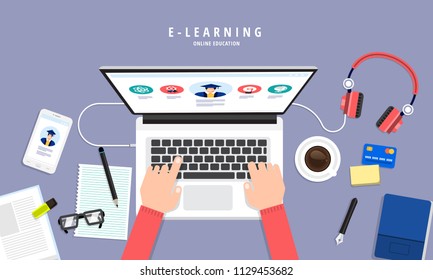 Flat design concept people education online knowledge witgh e-learning program. Vector i9llustrations.