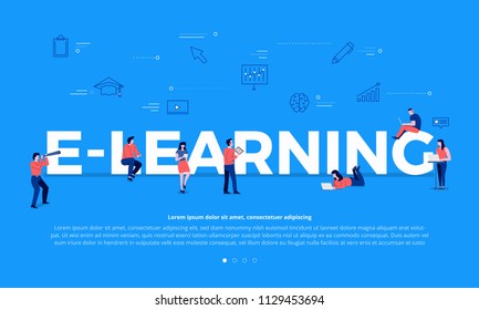 Flat design concept people education online knowledge witgh e-learning program. Vector i9llustrations.