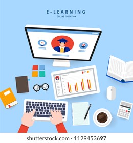 Flat design concept people education online knowledge witgh e-learning program. Vector i9llustrations.