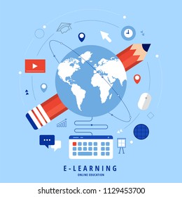 Flat design concept people education online knowledge witgh e-learning program. Vector i9llustrations.