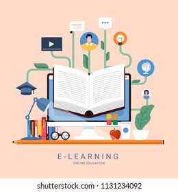 Flat Design Concept People Education Online Knowledge Witgh E-learning Program. Vector Illustrations.