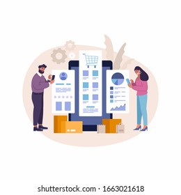 Flat Design Concept People Interactive Working Analyzing Statistics And Business Charts. Data Visualization For Ecommerce Online Store Business. Successful Digital Business Management With Devices