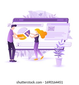 Flat design concept people interactive working analyzing statistics and business charts. Data visualization, intranet CRM PC program. Successful digital business management with devices
