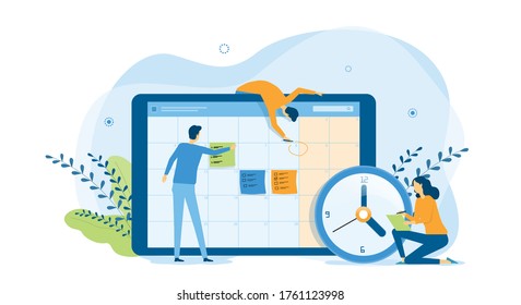 concepto de diseño plano personas trabajan en equipo para la planificación de horarios de negocios con diseño de calendario en línea y de ilustración vectorial para el concepto de fondo de banners de aterrizaje web  