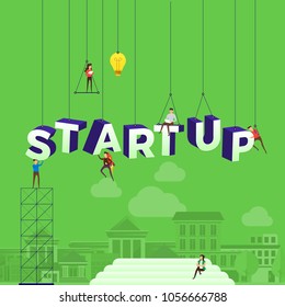 Flat design concept people working for building text STARTUP. Vector illustration.
