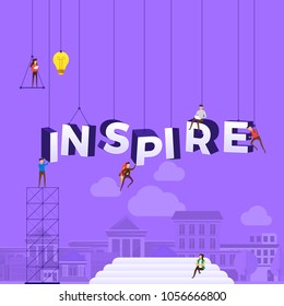 Flat design concept people working for building text INSPIRE. Vector illustration.
