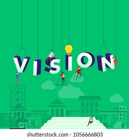 Flat design concept people working for building text VISION. Vector illustration.