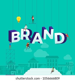 Flat design concept people working for building text BRAND. Vector illustration.
