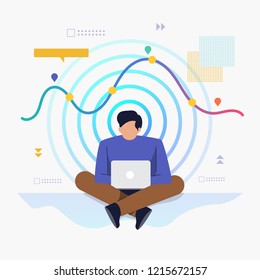 Flat design concept people working with computer laptop and background graphic present data analysis. Vector illustrate.