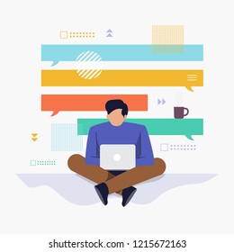 Flat design concept people working with computer laptop and background graphic present chat application. Vector illustrate.