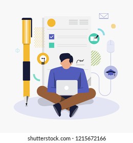 Flat design concept people working with computer laptop and background graphic present resume form (CV). Vector illustrate.