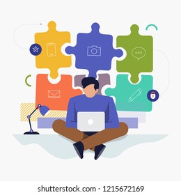Flat design concept people working with computer laptop and background graphic present hiring jobs. Vector illustrate.
