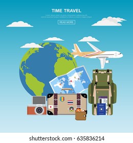 Flat design concept for plan to travel by plane with luggage, maps and passport ,cameras. Flight Tickets and Globes. Vector illustration.