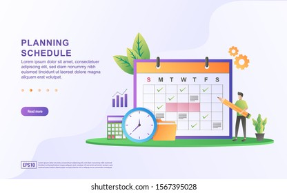 Concepto plano de planificación, creación de planes de estudio personales, planificación del tiempo de trabajo y programación. Puede ser usado para página de inicio web, material de marketing, aplicación móvil, banner web.