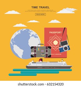 Flat design concept of planning a summer vacation, online booking a ticket on a trip,Travel by cruise ship to travel destination. vector illustration.