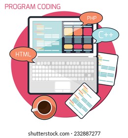 Flat design concept of program coding laptop