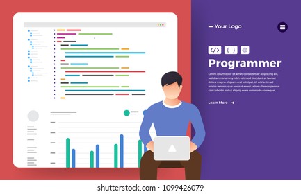 Flat design concept programmer coding program. Vector illustrate.