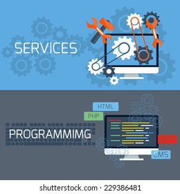 Flat design concept of programming and services with computer monitors and keyboard