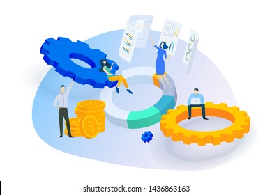 Flat design concept of project management, workflow, research and development. Vector illustration for website banner, marketing material, business presentation, online advertising.