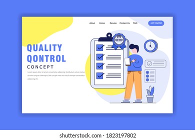 Diseño plano Concepto de control de calidad con lista de verificación de papel grande y placa ISO 9001.Diseño plano de ilustración vectorial para presentación de sitio web, banner y empresa