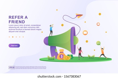 Flat design concept of refer a friend. People invite friends to join, a referral program to make money and prizes impossible. Can use for web landing page, marketing, mobile app, web banner.