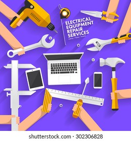 Flat design concept repair computer, mobile, tablet services. Vector illustrate