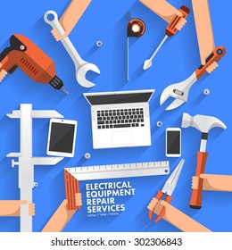 Flat design concept repair computer, mobile, tablet services. Vector illustrate
