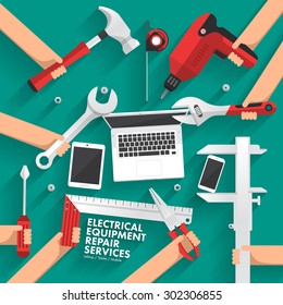 Flat design concept repair computer, mobile, tablet services. Vector illustrate