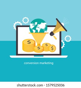 Flat design concept for sales funnel optimization, conversion rate, lead generation, with icons