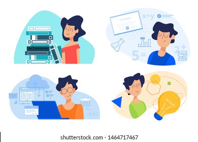 Flat design concept of school, knowledge and creativity, distance education, university. Vector illustration for website banner, marketing material, presentation template, online advertising.