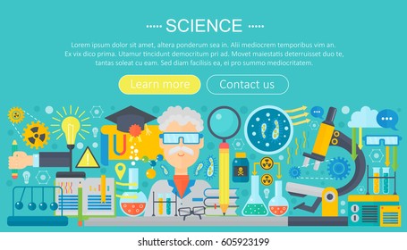 Flat design concept of science. Horizontal banner with scientist workplaces. Scientific research experiment infographics template design, web header icons elements.Vector illustration.