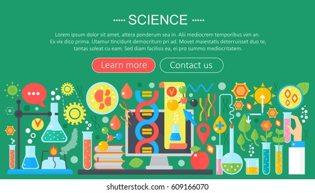 Flat design concept of science. Horizontal banner with scientist laboratory workplace. Scientific research experiment infographics template design, web header icons elements.Vector illustration